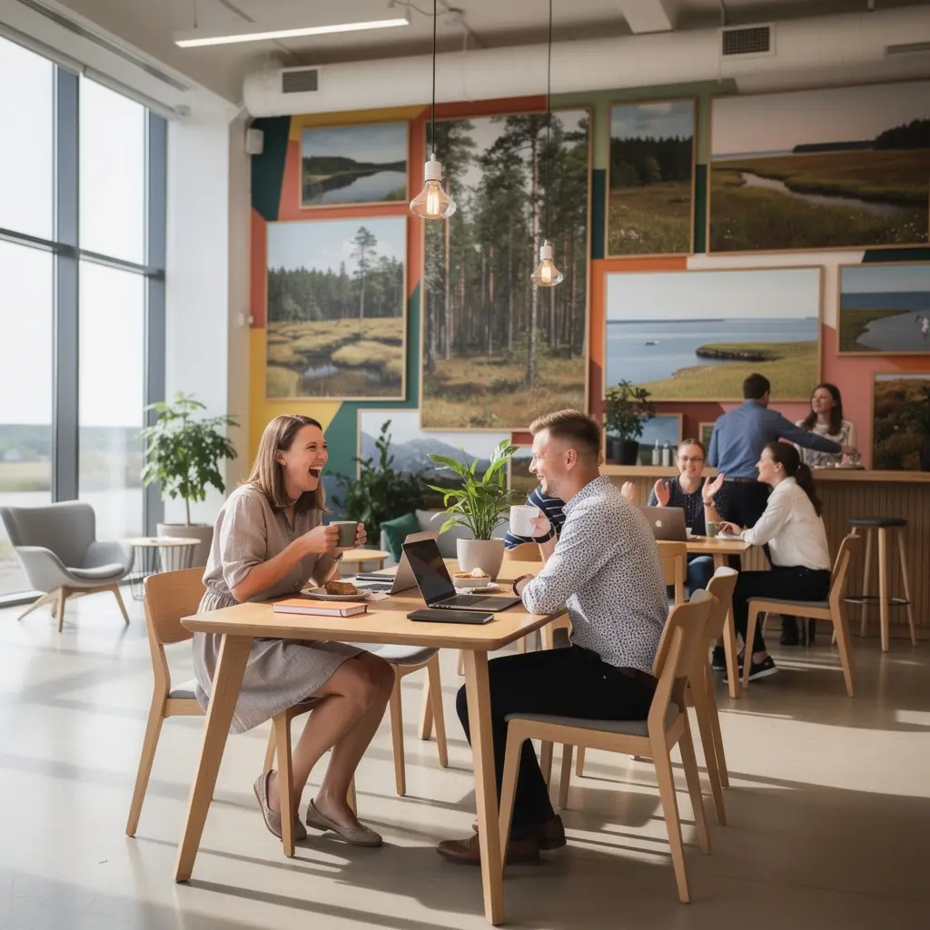 Koosolekuruum, millel on suur laud ja mugavad toolid, valgustus on pehme ja soe.