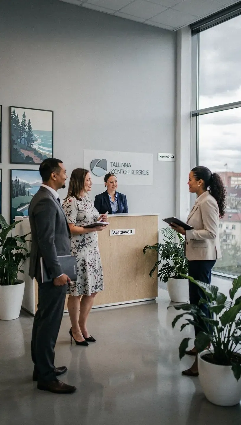 Vastuvõtuala, kus on elegantne vastuvõtulaud ja sõbralik teeninduspersonali kohalolek.