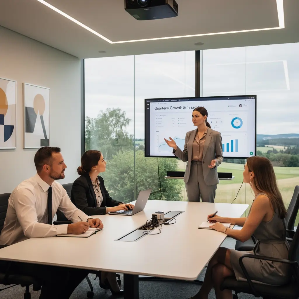 Koosolekuruum, kus on interaktiivne ekraan ja loomulik valgus akendest.