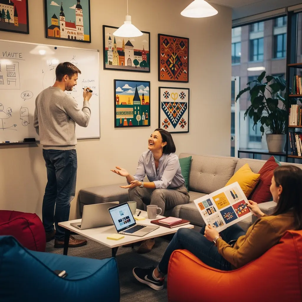 Mugav puhkeala, kus külalised saavad lõõgastuda ja suhelda, kaunistatud roheliste taimedega.